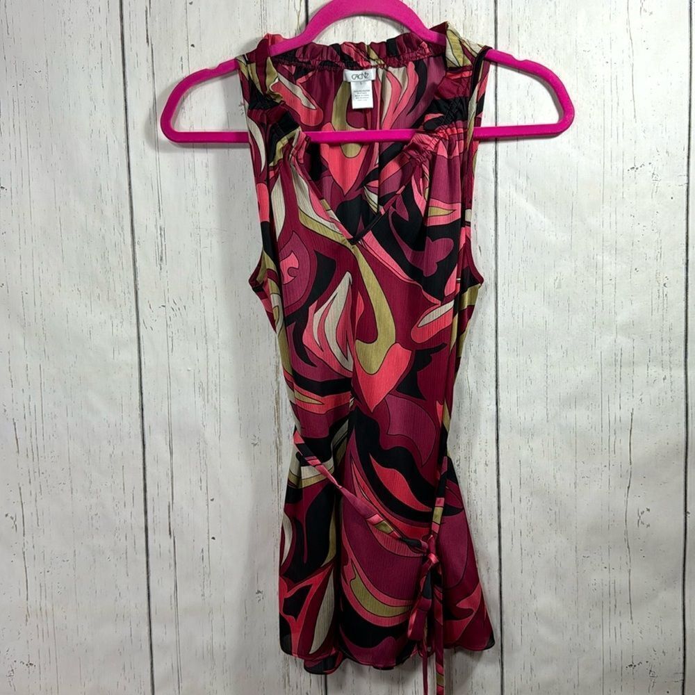 Cache Sleeveless Tie Waist Printed Pink Black MultiColor V Neck Elastic Back Top